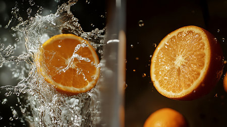Bright orange slices presented with a splash embodying refreshment and the essence of citrus fruitsの写真素材