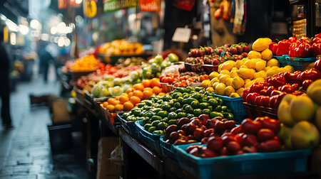 Vibrant Produce Market: Fresh fruits and vegetables on display showcasing a colorful and diverse...