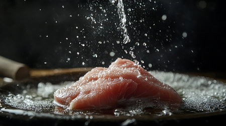 Fresh tuna preparation with a splash of water highlighting raw food processing and a clean kitchen settingの写真素材