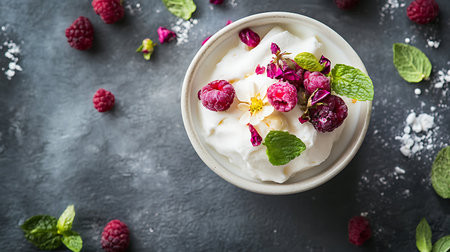 Creamy dessert topped with raspberries mint and edible flowers on a dark gray textured backgroundの写真素材