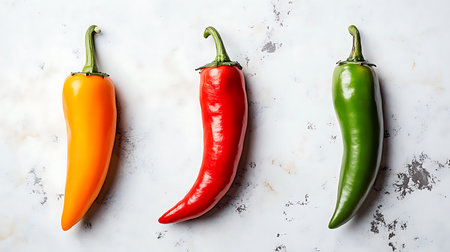 Colorful trio of chili peppers Orange red and green chili peppers laying on white marbled surfaceの写真素材