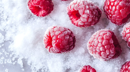 Frosty Raspberries: A vibrant collection of ruby red raspberries dusted with a delicate layer of white frostの写真素材