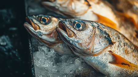 Fresh catch: close-up of fish on ice showcasing vibrant colors and textures from the sea