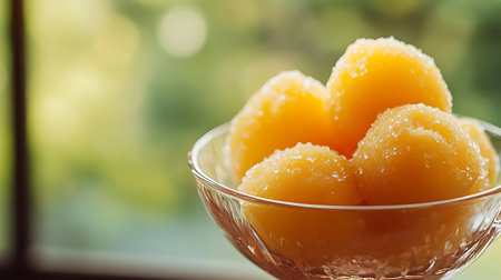 Refreshing citrus sorbet: Bright cool and delightful A perfect summer treat on a windowsill Indulge nowの写真素材