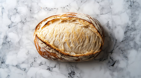 Freshly baked sourdough loaf with golden crust textured crumb on white marble background overhead viewの写真素材