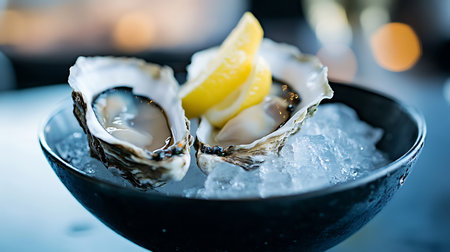Fresh oysters on ice with lemon wedges a luxurious seafood delicacy served in a dark bowlの写真素材