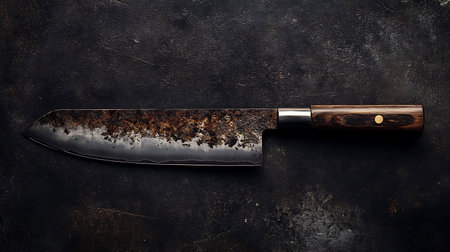 Well-used chef's knife shows heavy wear with dark-stained blade and wooden handle resting on dark...