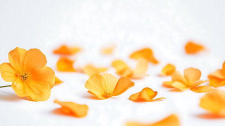 Close-up of an orange flower with soft petals and a bright center surrounded by scattered petals on whiteの写真素材
