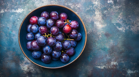 Overhead shot of fresh purple grapes in a bowl on a blue textured background Healthy snack or dessertの写真素材