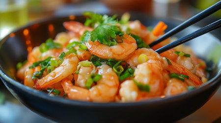 Shrimp stir-fry with cilantro and scallions in a dark bowl with chopsticks for serving.の写真素材