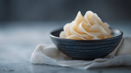 Pickled ginger in a small bowl commonly served with sushi to cleanse the palate in between bites.の写真素材