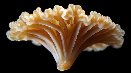 Close-up of a rippled-edged mushroom The fungus is pale and presented against a black backdrop.