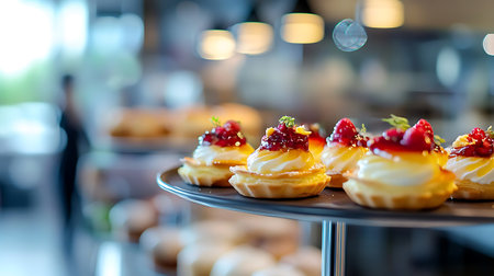 Delicate pastries with creamy filling and fruit topping on a tiered dessert stand illuminated by soft lighting.の写真素材
