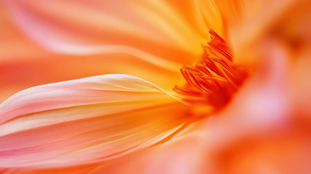 Abstract close-up of a vibrant flower with delicate petals in shades of orange peach and coral.の写真素材