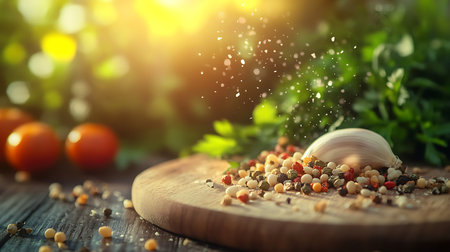 Aromatic culinary spices and garlic on a wooden board with a backdrop of lush greenery and tomatoes.の写真素材