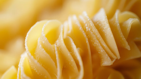 Close-up shot of vibrant yellow rotini pasta highlighting its spiral shape and texture Food photography.の写真素材