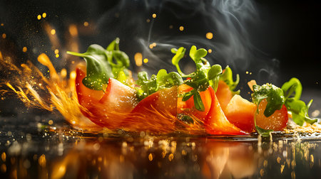 Artistic food arrangement of sliced fruit and greens with a dramatic splash and glittering dust.の写真素材