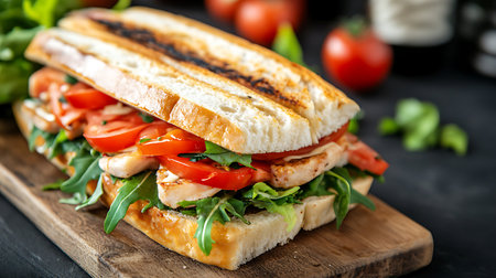 A delectable sandwich filled with fresh vegetables and grilled protein bursting with flavor and textures.の写真素材