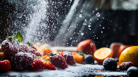 Sugary fruits: Strawberries oranges lemons and blueberries get a dusting of sweetness in a delicious dessert.の写真素材