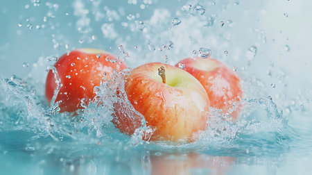 Three apples are being splashed with water The apples appear to be fresh and juicy on light blue.の写真素材