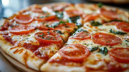 Close-up shot showcasing the vibrant colors and inviting texture of a freshly baked tomato-topped...