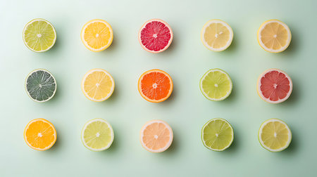 Assorted sliced citrus fruits neatly arranged in rows against a light blue background creating a...