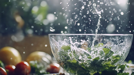 Fresh greens being rinsed in a clear bowl with splashing water droplets symbolizing healthy eating.の写真素材