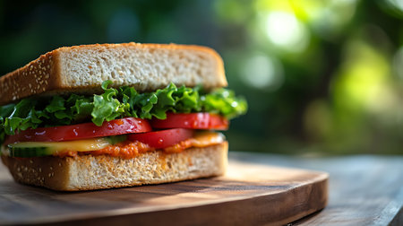 A colorful sandwich filled with fresh vegetables sitting on a wooden board in front of a natural background.の写真素材