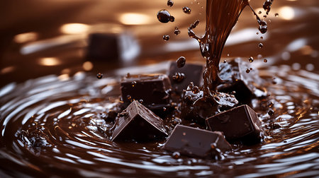 Chocolate Delight: Molten chocolate cascading over squares in a swirling pool of decadent goodness.の写真素材