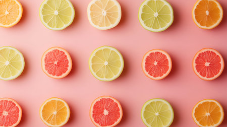 Colorful citrus slices: grapefruit orange and lemon halves arranged on a pink background in a neat...