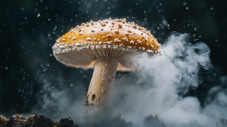 Mushroom against a dark backdrop enveloped in ethereal smoke and floating sparkles.