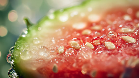 Wet watermelon: A vibrant close-up featuring water droplets clinging to the refreshing fruit with visible seeds.の写真素材