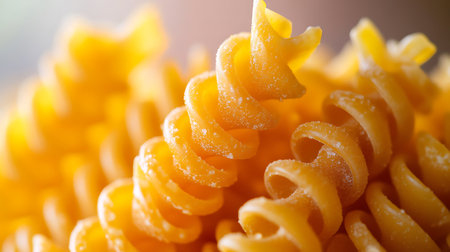 Close-up of a group of dried uncooked and golden-yellow spiral pasta shapes stacked together.の写真素材