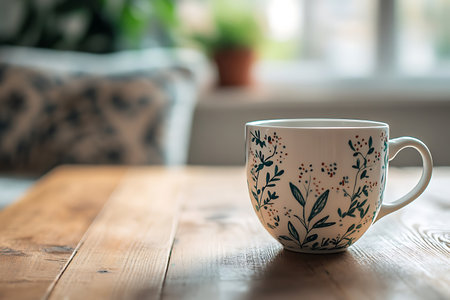 Floral mug on wooden table a tranquil moment Cozy bright and inviting Morning routine calming drink.の写真素材