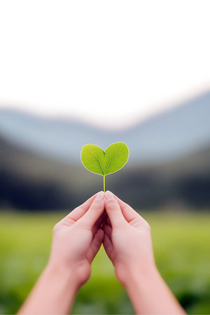 Hands holding a vibrant green heart-shaped leaf against a blurred natural backdrop symbolizing...