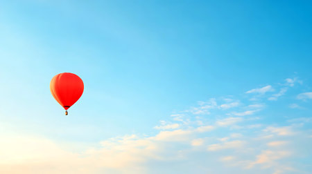 Vibrant red air balloon drifts serenely through the clear blue sky with soft clouds at the bottom.