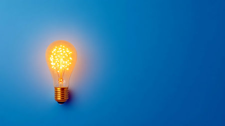 Bright idea: A vintage lightbulb shines on a blue backdrop symbolizing innovation and creativity.の写真素材