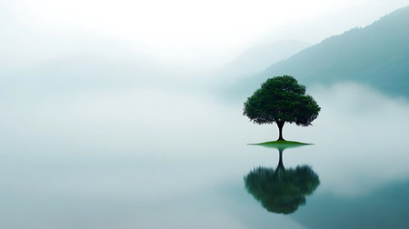 Serene tree reflecting on water with soft misty mountains in the background Nature's beauty...