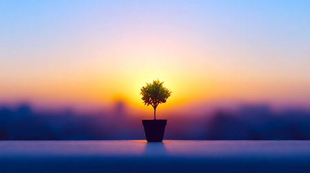Potted tree against a vivid sunrise symbolizing growth hope and resilience in the face of challenges.の写真素材