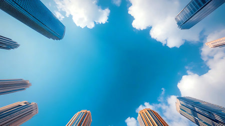 City skyscrapers reach towards a vibrant blue sky framed by fluffy white clouds in an urban landscape.の写真素材