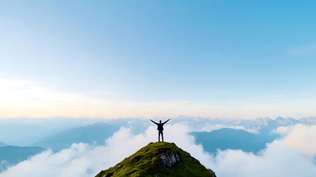 Person atop a mountain peak arms outstretched sky background Expressing freedom and achievement.