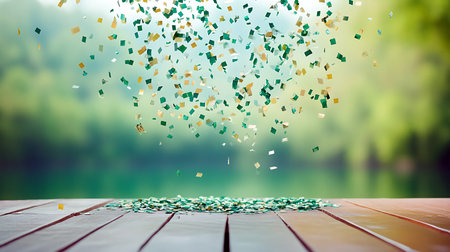 Celebratory confetti falling on a wooden surface with a blurred nature backdrop evokes joy and festive cheer.の写真素材