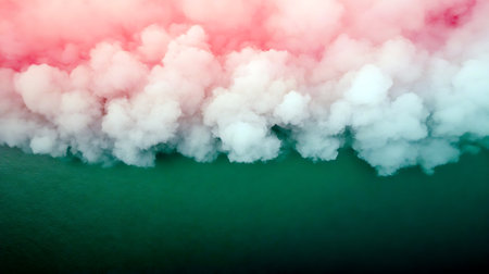 Aerial view of colored smoke billowing over dark green waters Pink and light blue ethereal...