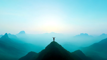Silhouette figure stands atop misty mountain arms outstretched a scenic view in pale blues and greens.の写真素材