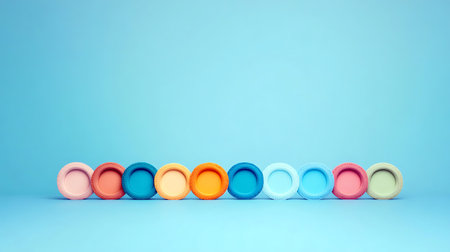 Colorful decorative circles arranged in a row against a blue background providing texture and depth.
