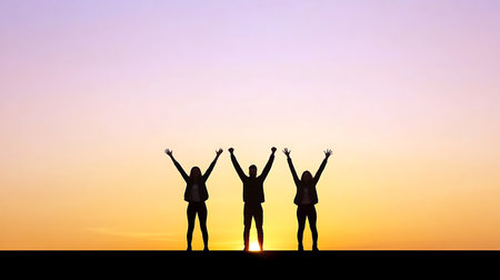 Silhouetted figures raising arms in celebration against a vibrant sunset Achieving goals and...