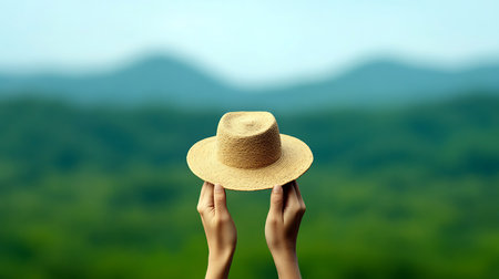 Hands hold a straw hat against a backdrop of blurred green hills and a pale blue sky evoking nature.の写真素材