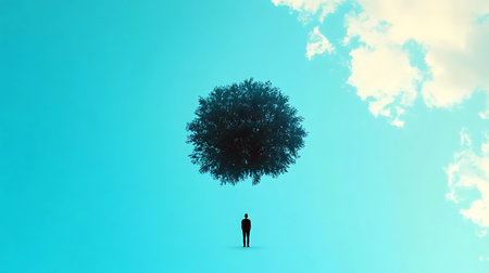 Surreal scene of solitary figure under a hovering tree with a clear sky and puffy clouds backdrop.の写真素材