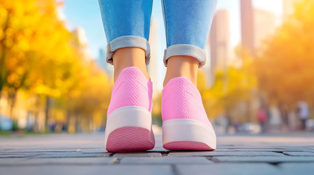 Pink platform shoes on a city street A blend of comfort and style for urban adventures and casual elegance.の写真素材