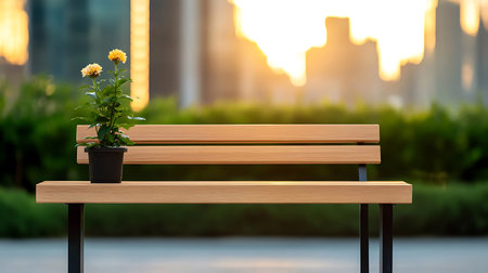 Wooden park bench with potted yellow flowers set against a blurred cityscape during golden hour.の写真素材